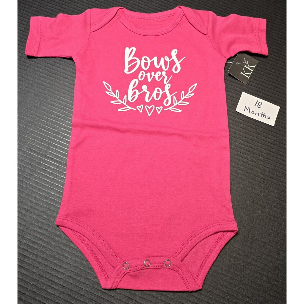 TODDLER GIRLS SIZE 18M 18 MONTHS PINK BODYSUIT BOWS OVER BROS WHITE GRAPHIC NWT